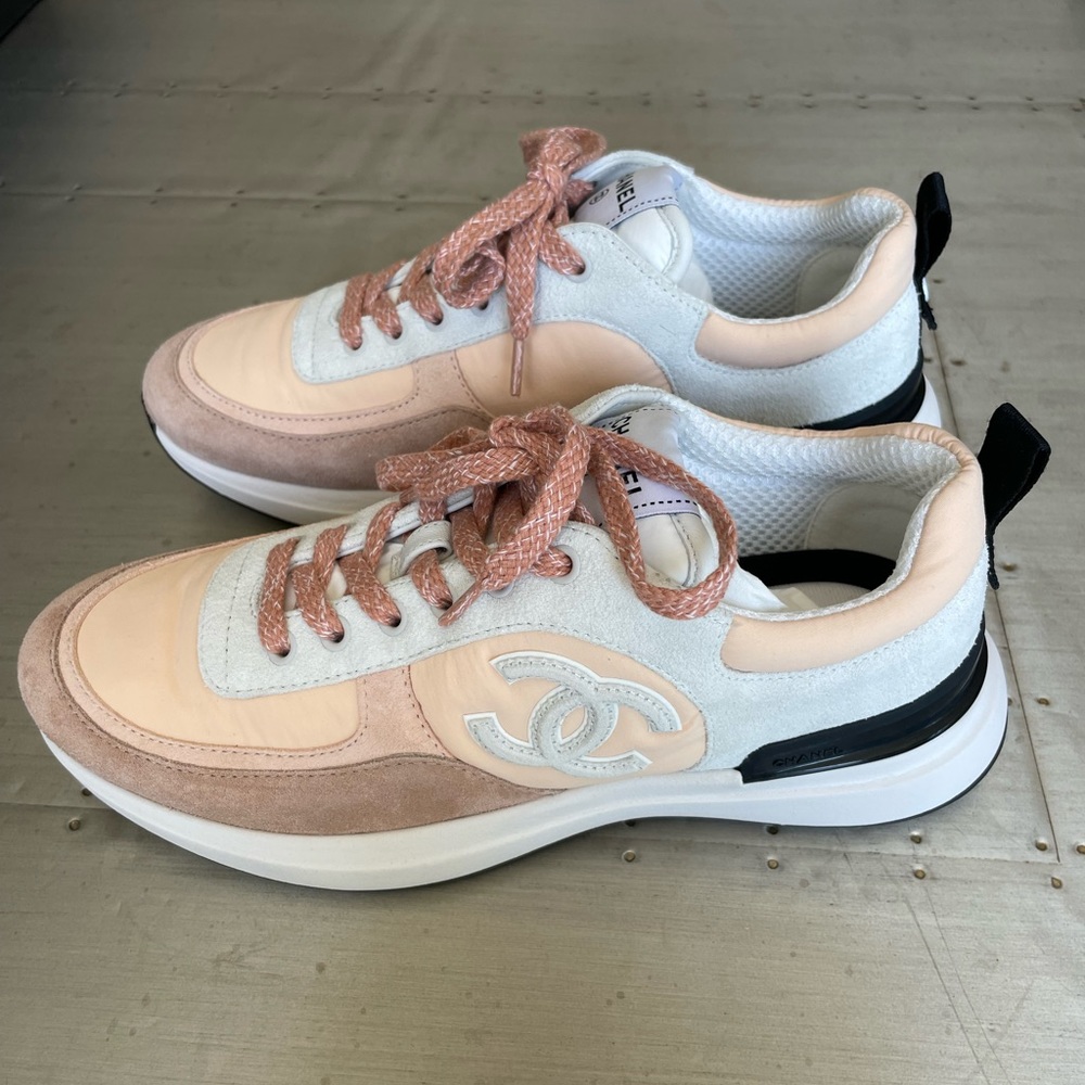 Chanel Sneakers 22P trainers flats pink beige black sz 38